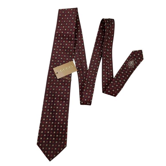 Gucci Tie Mens Red 100% Silk Narrow Geometric Meadow Luxury Designer Italy - Picture 3 of 12